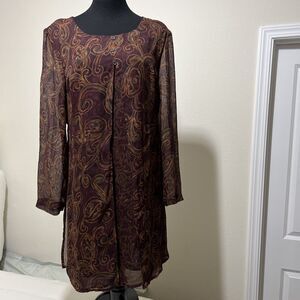 Vtg Carole Little Midi Dress Sheer Overlay Sz 14 Brown Paisley Artsy Boho